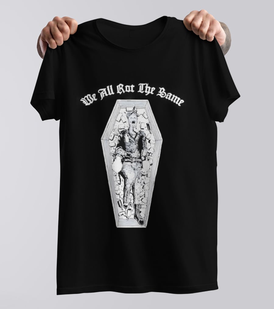 We All Rot The Same Coffin Punk Rock Skeleton Motif T-Shirt