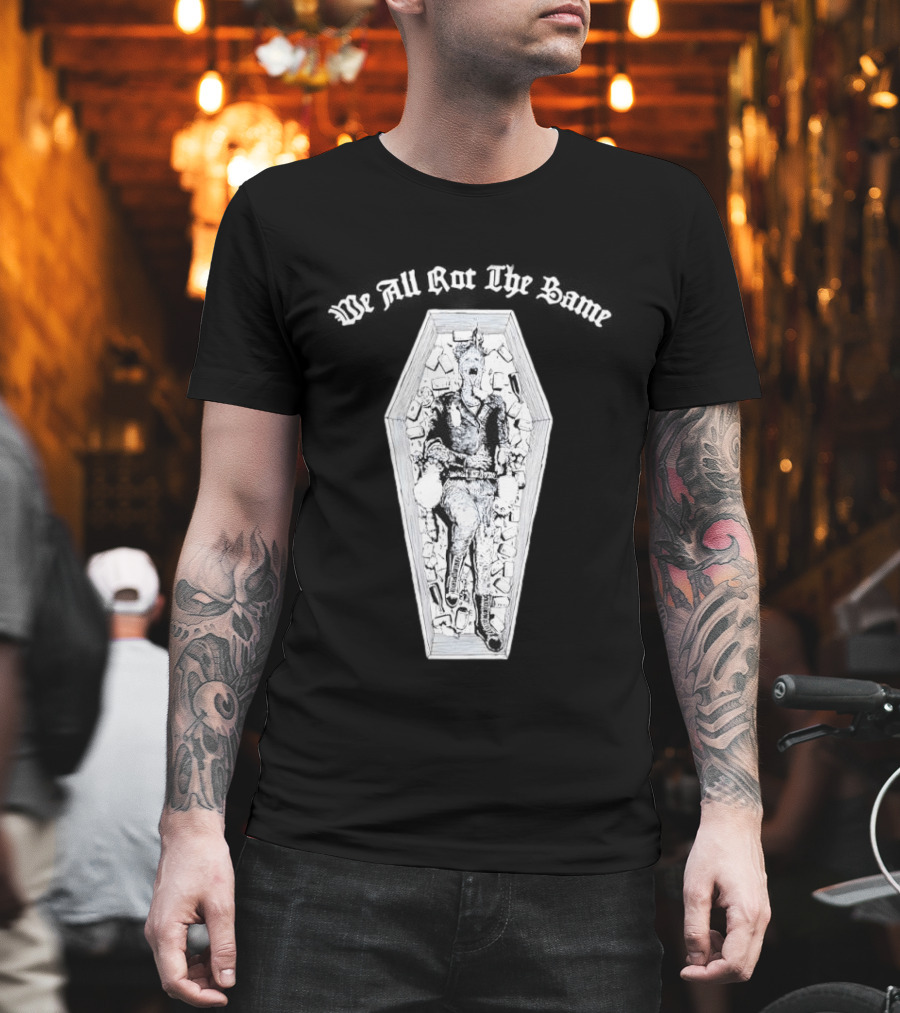 We All Rot The Same Coffin Punk Rock Skeleton Motif T-Shirt