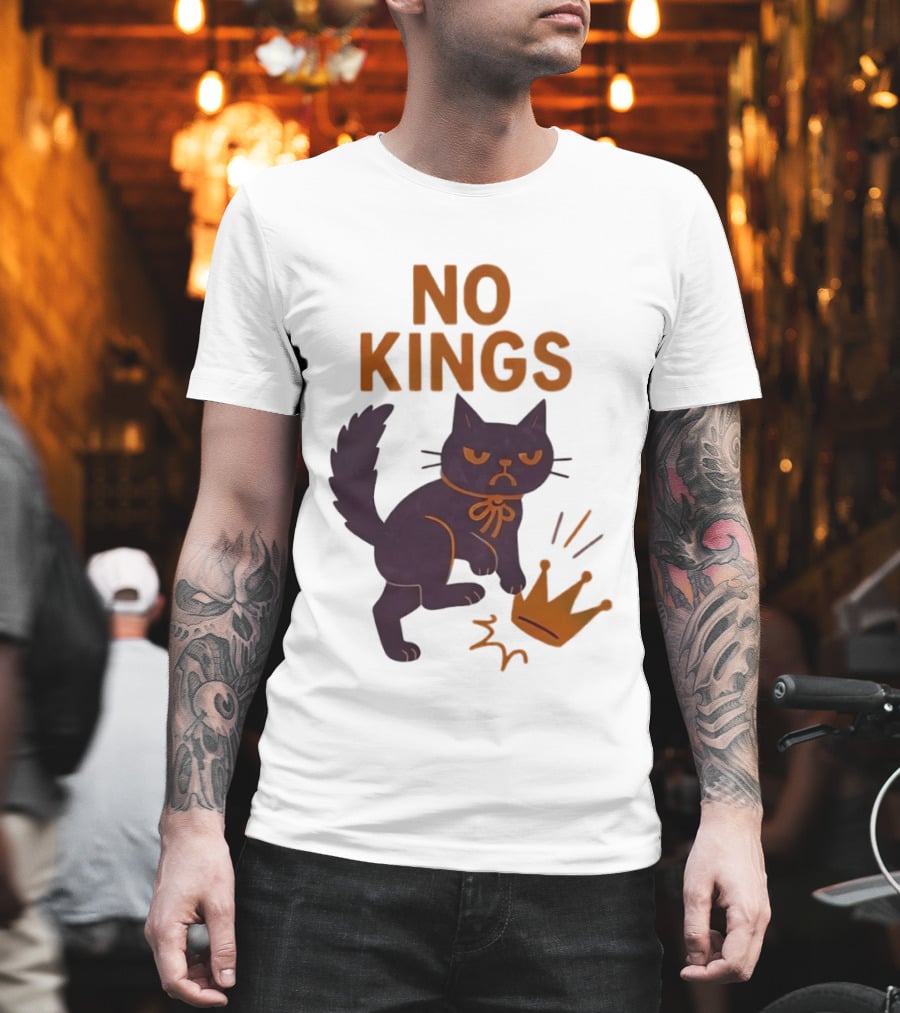 No Kings Black Cat Kicking Crown T-Shirt