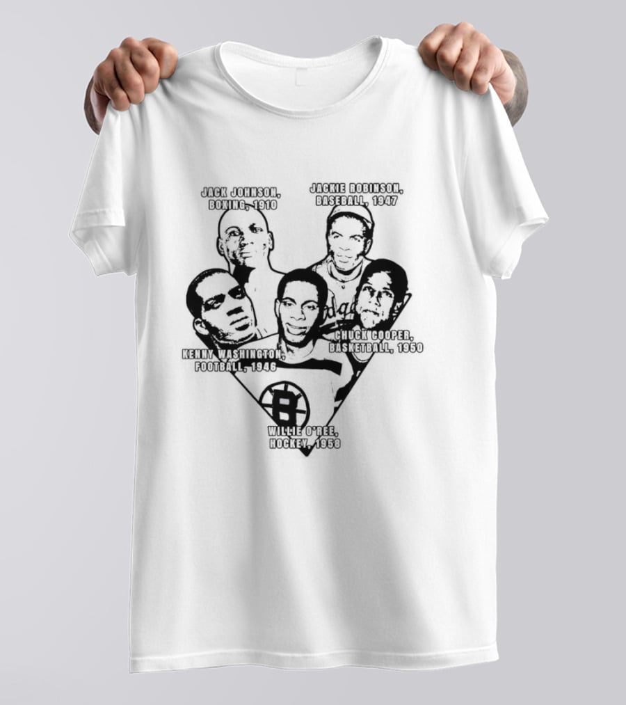 Jack Johnson Boxing 1910 Jackie Robinson Baseball 1947 Kenny Washington Football 1946 Chuck Cooper Basketball 1950 Willie O'ree Hockey 1958 T-Shirt