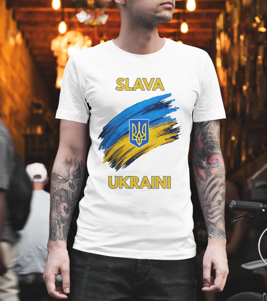 Slava Ukraini Emblem With Blue And Yellow Brush Strokes T-Shirt