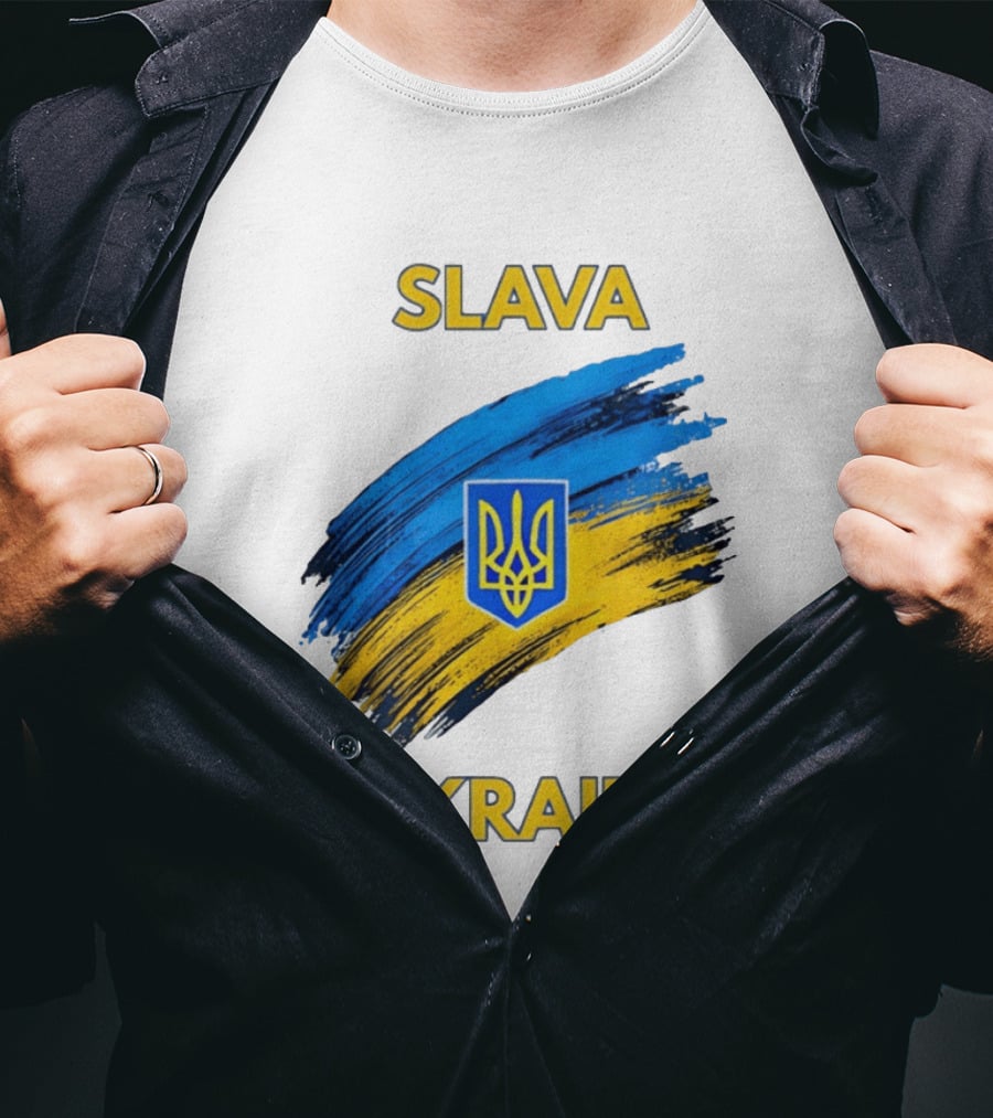 Slava Ukraini Emblem With Blue And Yellow Brush Strokes T-Shirt