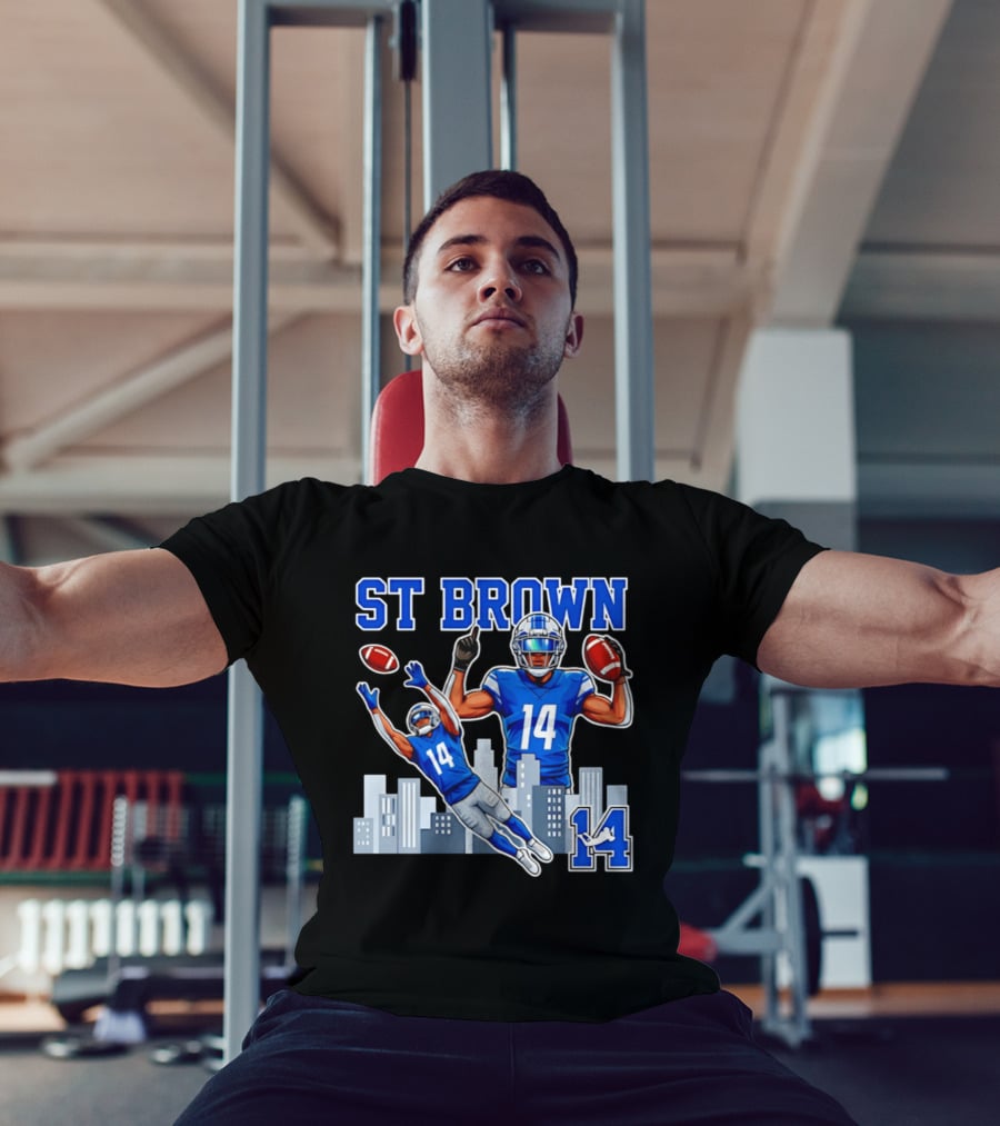 ST Brown 14 Detroit Lions Football City Skyline T-Shirt
