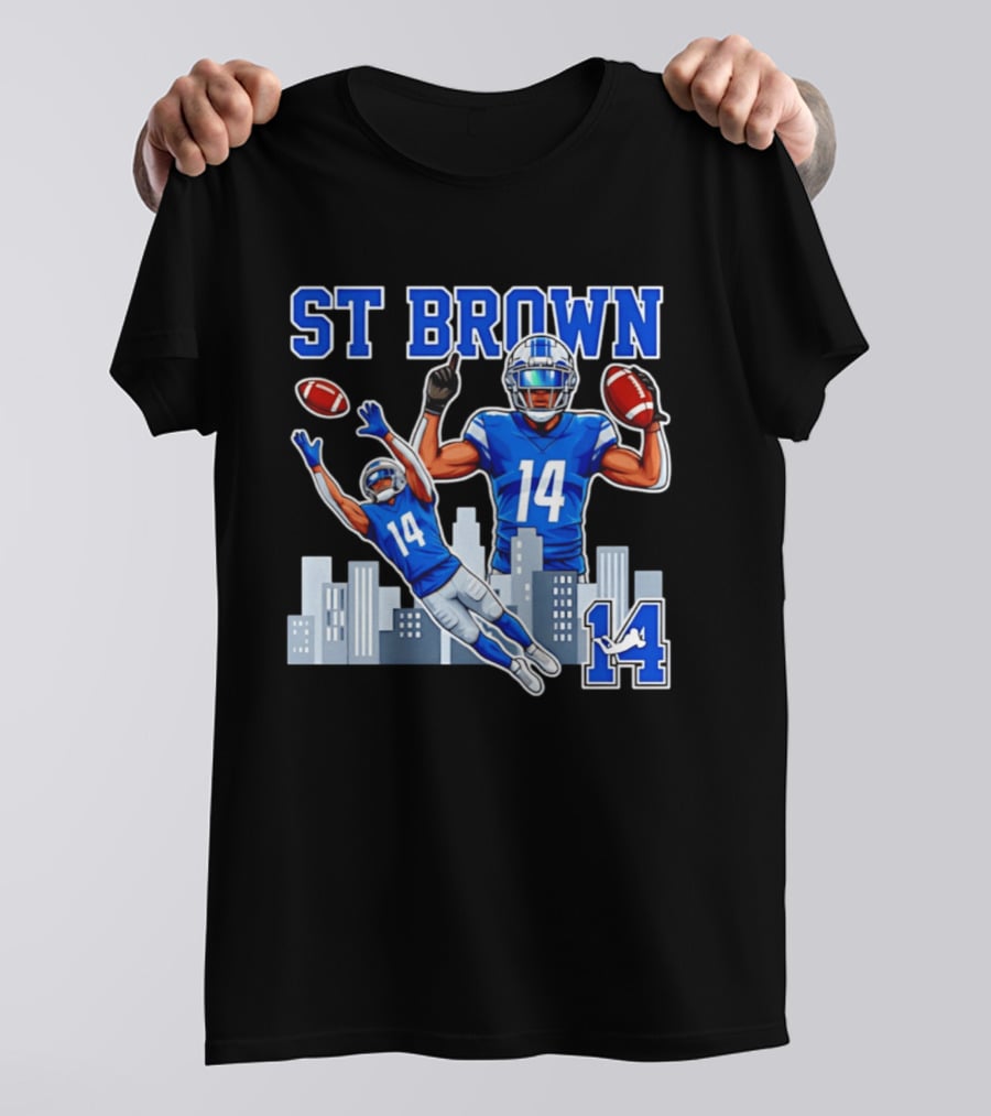 ST Brown 14 Detroit Lions Football City Skyline T-Shirt