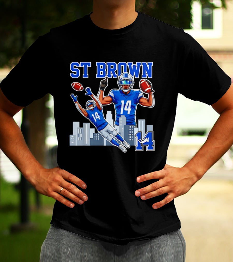 ST Brown 14 Detroit Lions Football City Skyline T-Shirt