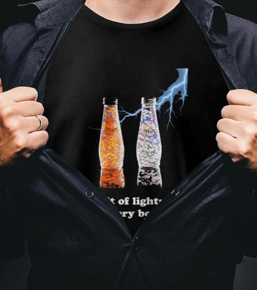 Orbitz A Bolt Of Lightning In Every Bottle Drink Bottles With Lightning Blue And Orange T-Shirt