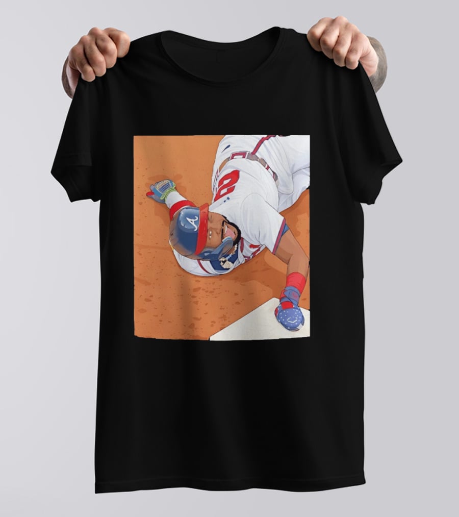 Ronald Acuna Jr Atlanta Braves Outfielder Sliding Baseball Action T-Shirt