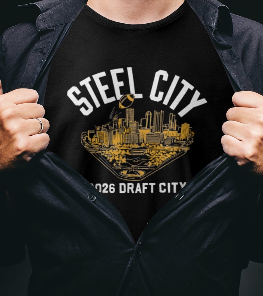 Steel City 2026 Draft City Pittsburgh Skyline Football T-Shirt