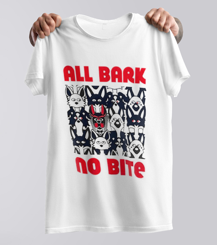 All Bark No Bite Bold Red Text Dark Canine Faces T-Shirt