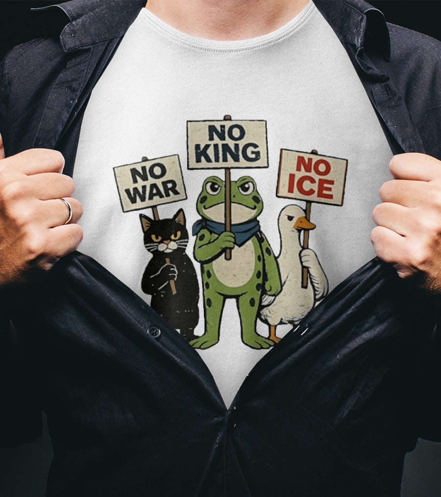 Black Cat Holing No War Frog Holding No King And Goose Holding No ICE Sign T-Shirt