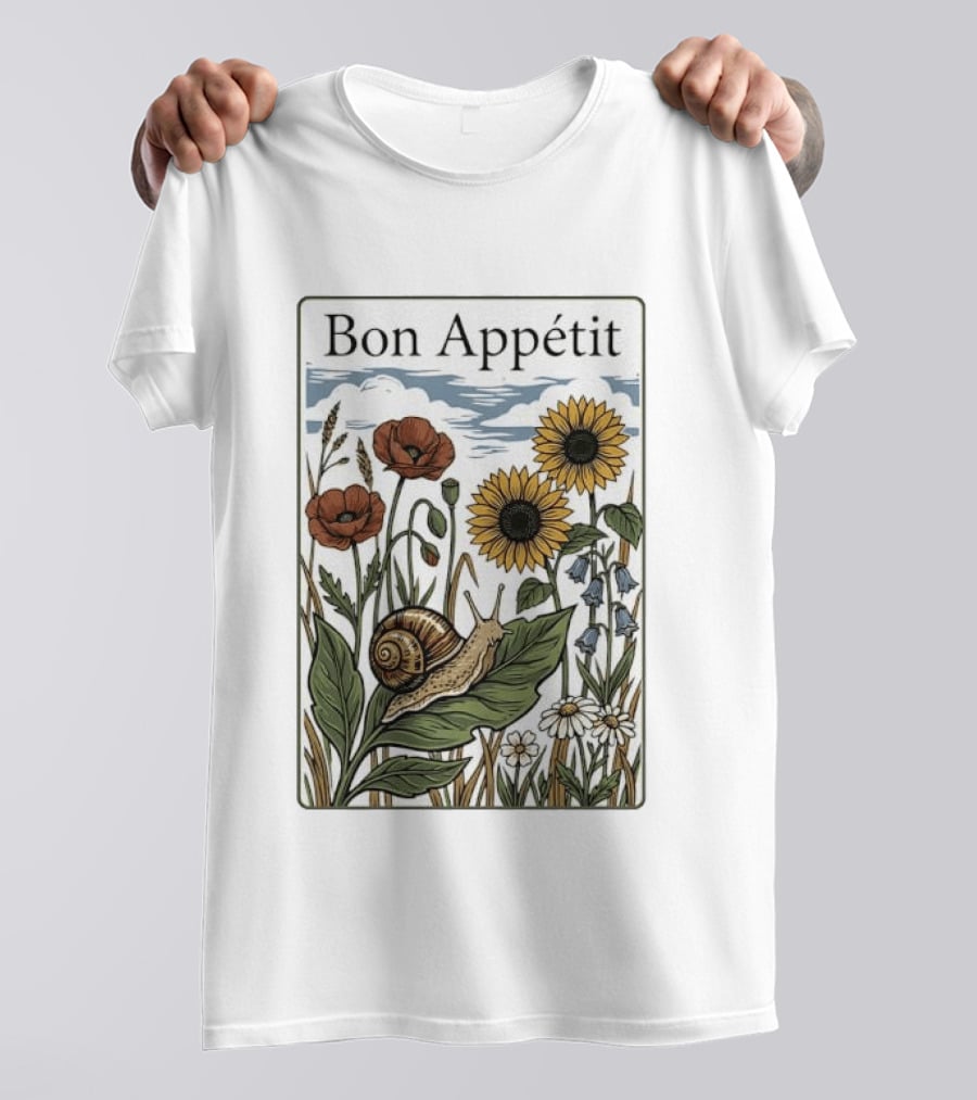 Bon Appétit Floral Snail Sunflowers And Poppies T-Shirt