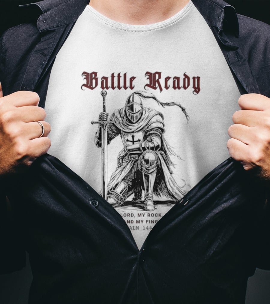 Battle Ready Medieval Knight Kneeling Blessed Be The Lord My Rock Psalm 144 1 T-Shirt