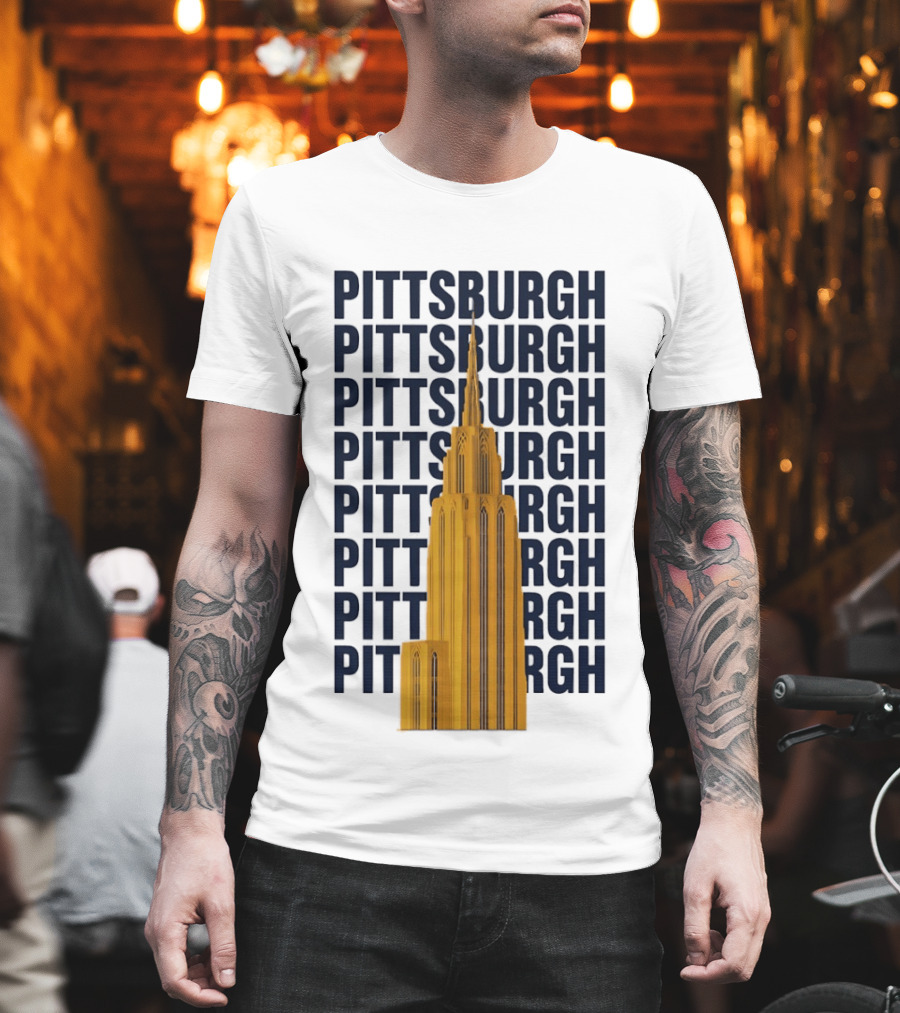 Pittsburgh Golden Tower Repeated Text Cityscape T-Shirt