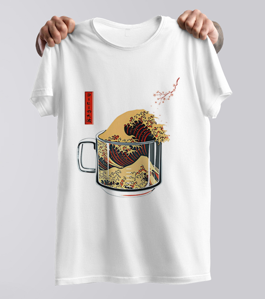 The Great Wave Of Coffee In A Cup With Japanese T-Shirt