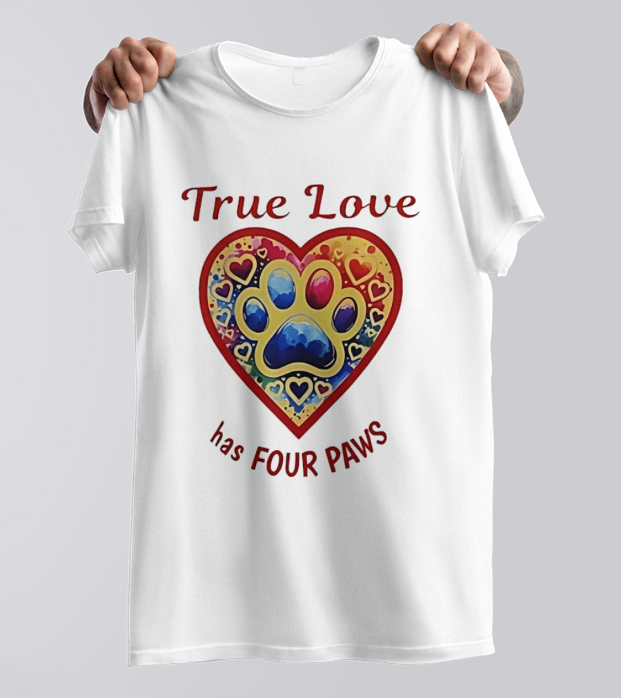True Love Has Four Paws Heart With Colorful Paw Print And Hearts T-Shirt