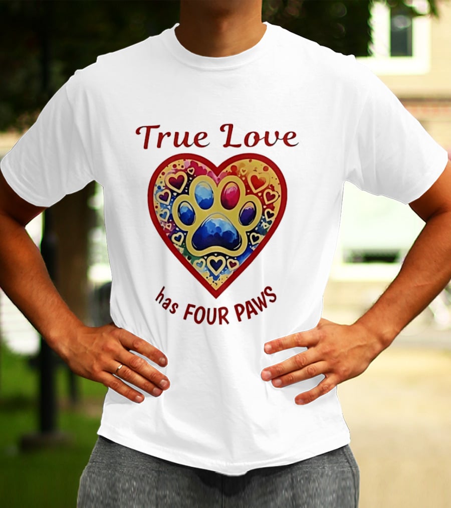 True Love Has Four Paws Heart With Colorful Paw Print And Hearts T-Shirt