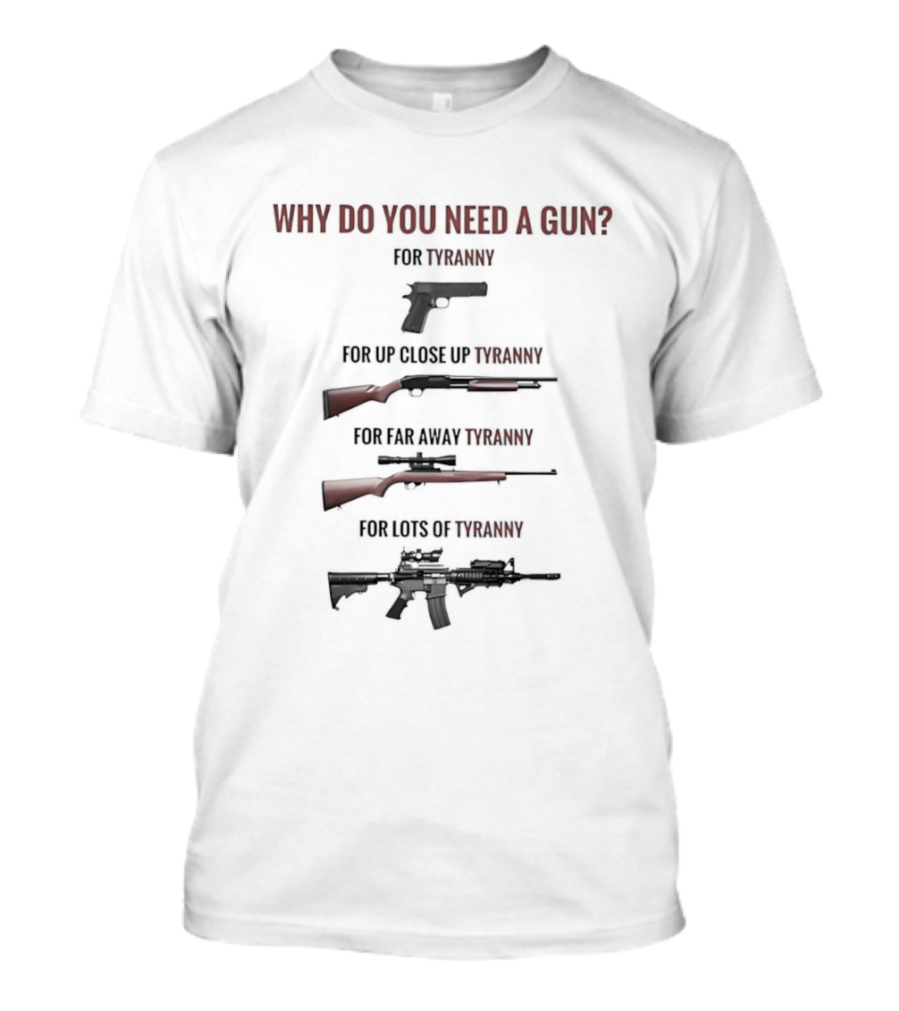 Why Do You Need A Gun For Tyranny Up Close Go Away Lots Of Freedom T-Shirt