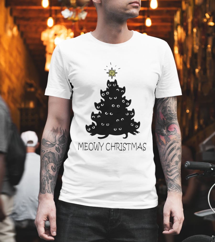 Black Cat Pine Tree Shape Meowy Christmas Star T-Shirt
