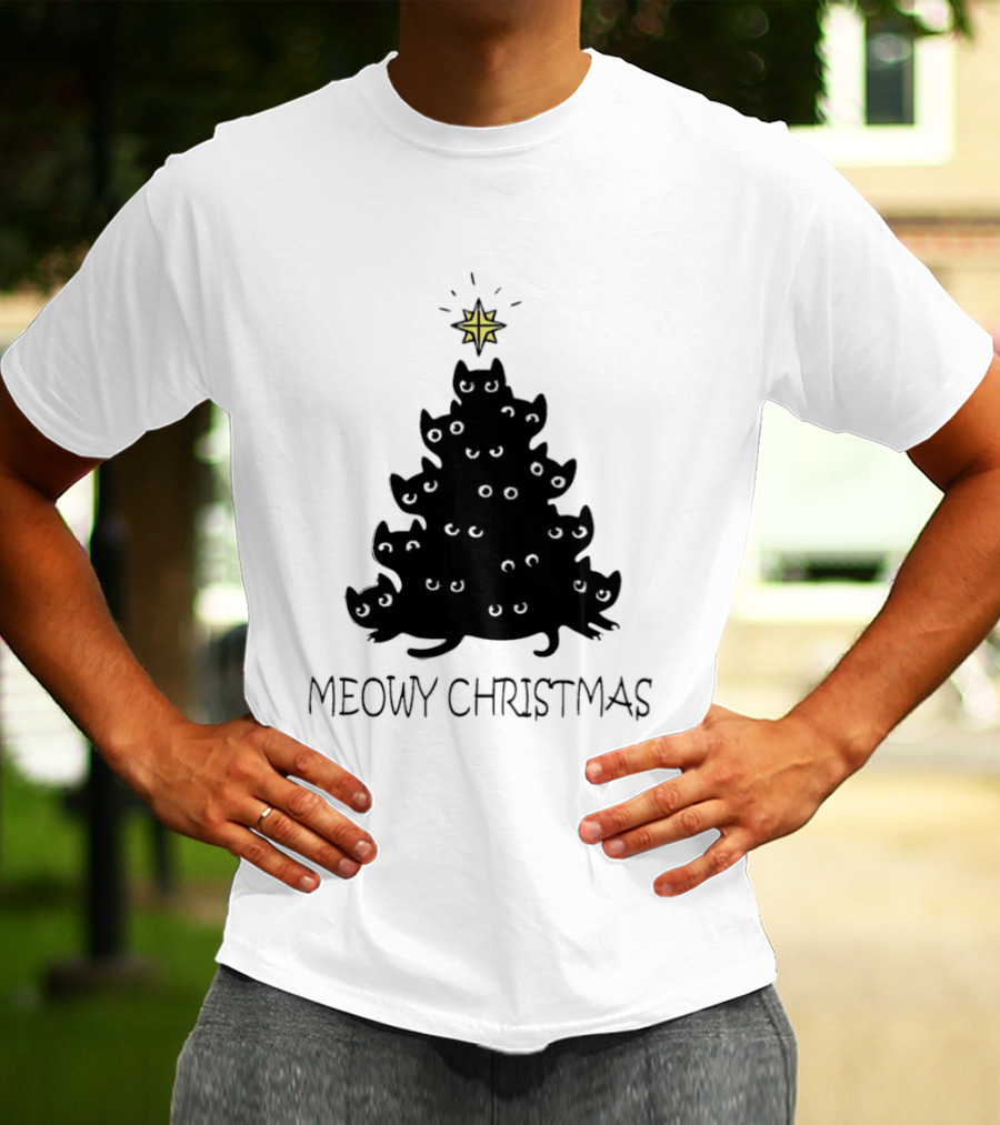 Black Cat Pine Tree Shape Meowy Christmas Star T-Shirt
