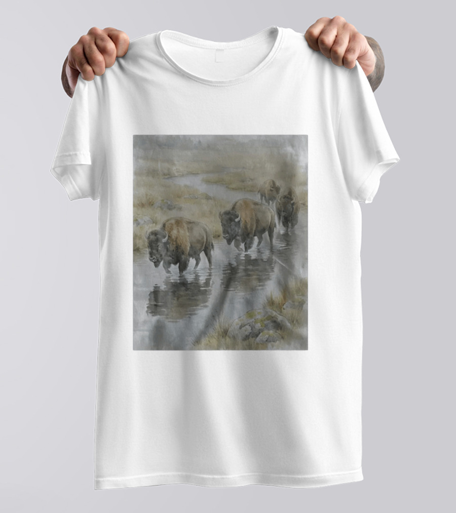 Bison Herd Crossing River On Prairie Landscape Scene T-Shirt