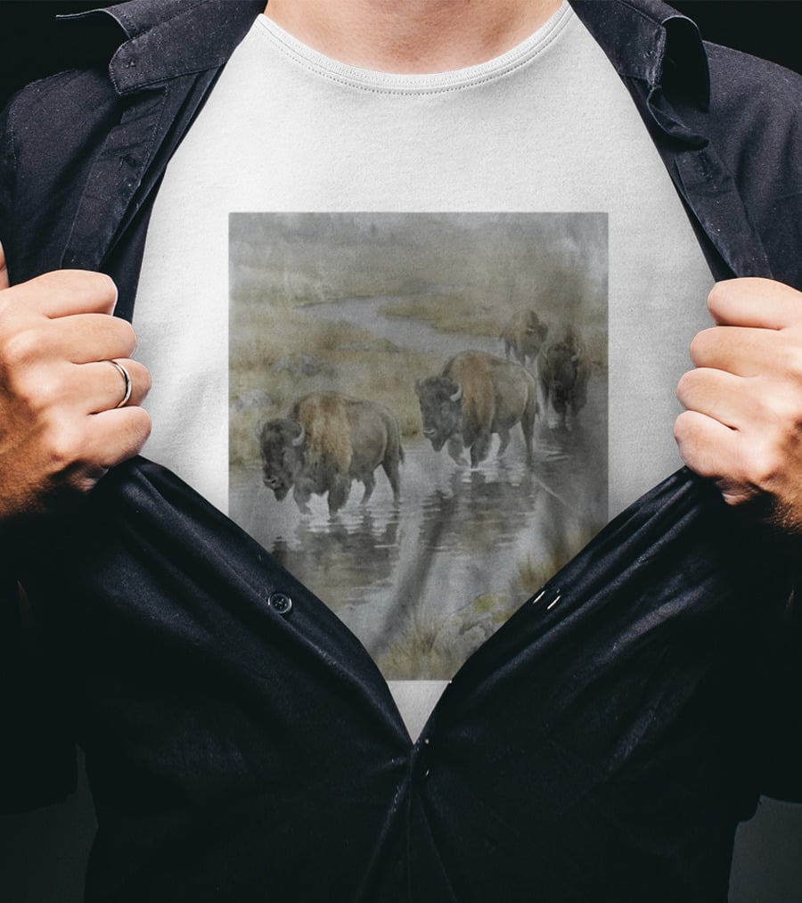 Bison Herd Crossing River On Prairie Landscape Scene T-Shirt