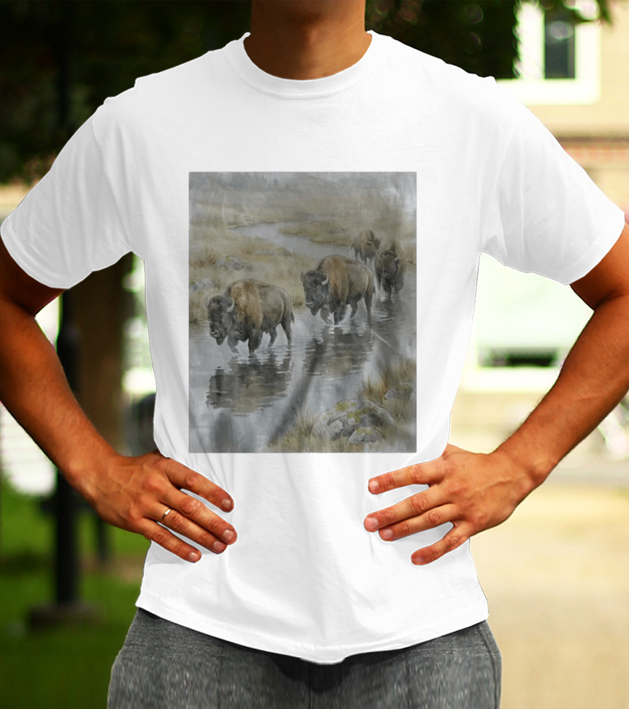 Bison Herd Crossing River On Prairie Landscape Scene T-Shirt