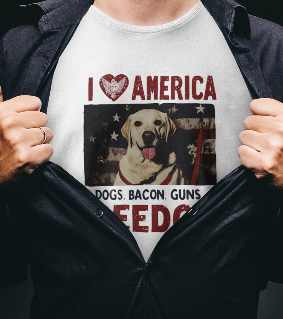 I Love America Dogs Bacon Guns Freedom Labrador Stars And Stripes T-Shirt