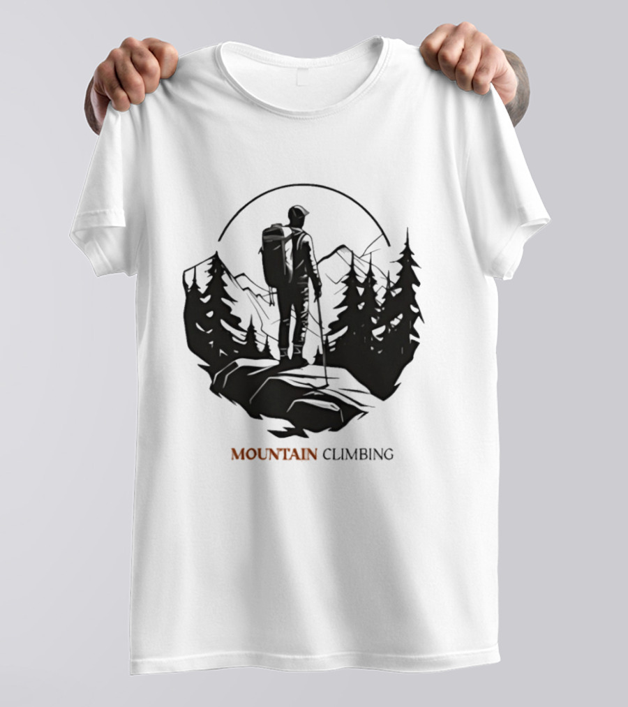 Mountain Climbing Adventure Climber On Cliff Overlooking Mountain And Forest T-Shirt