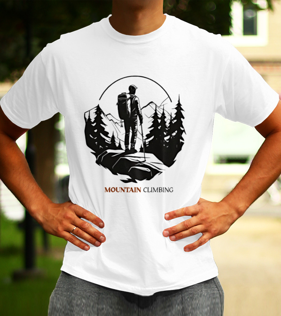 Mountain Climbing Adventure Climber On Cliff Overlooking Mountain And Forest T-Shirt