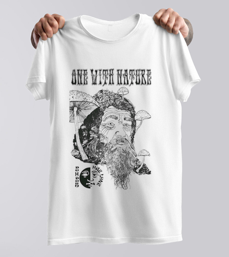 One With Nature Mushroom Face With Beard And Mushrooms T-Shirt