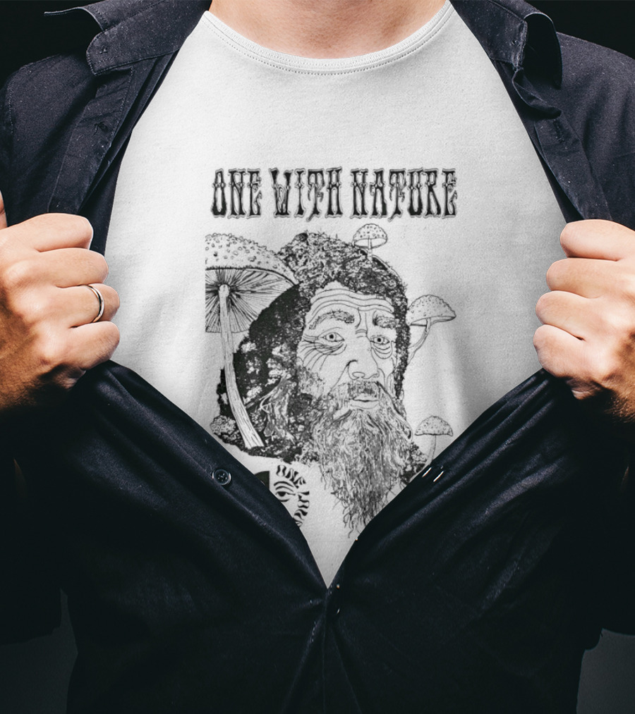 One With Nature Mushroom Face With Beard And Mushrooms T-Shirt