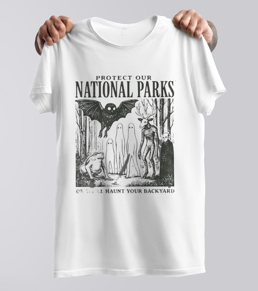 Protect Our National Parks Mothman Bigfoot Ghost Deer Cryptid Horror Characters T-Shirt
