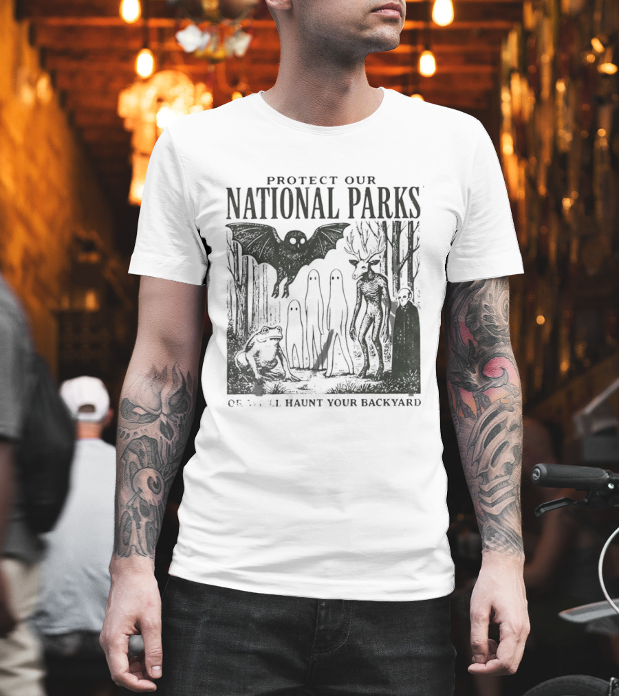 Protect Our National Parks Mothman Bigfoot Ghost Deer Cryptid Horror Characters T-Shirt