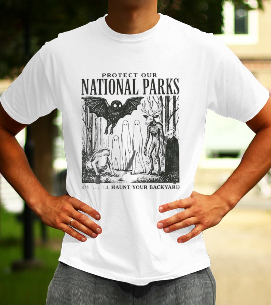 Protect Our National Parks Mothman Bigfoot Ghost Deer Cryptid Horror Characters T-Shirt