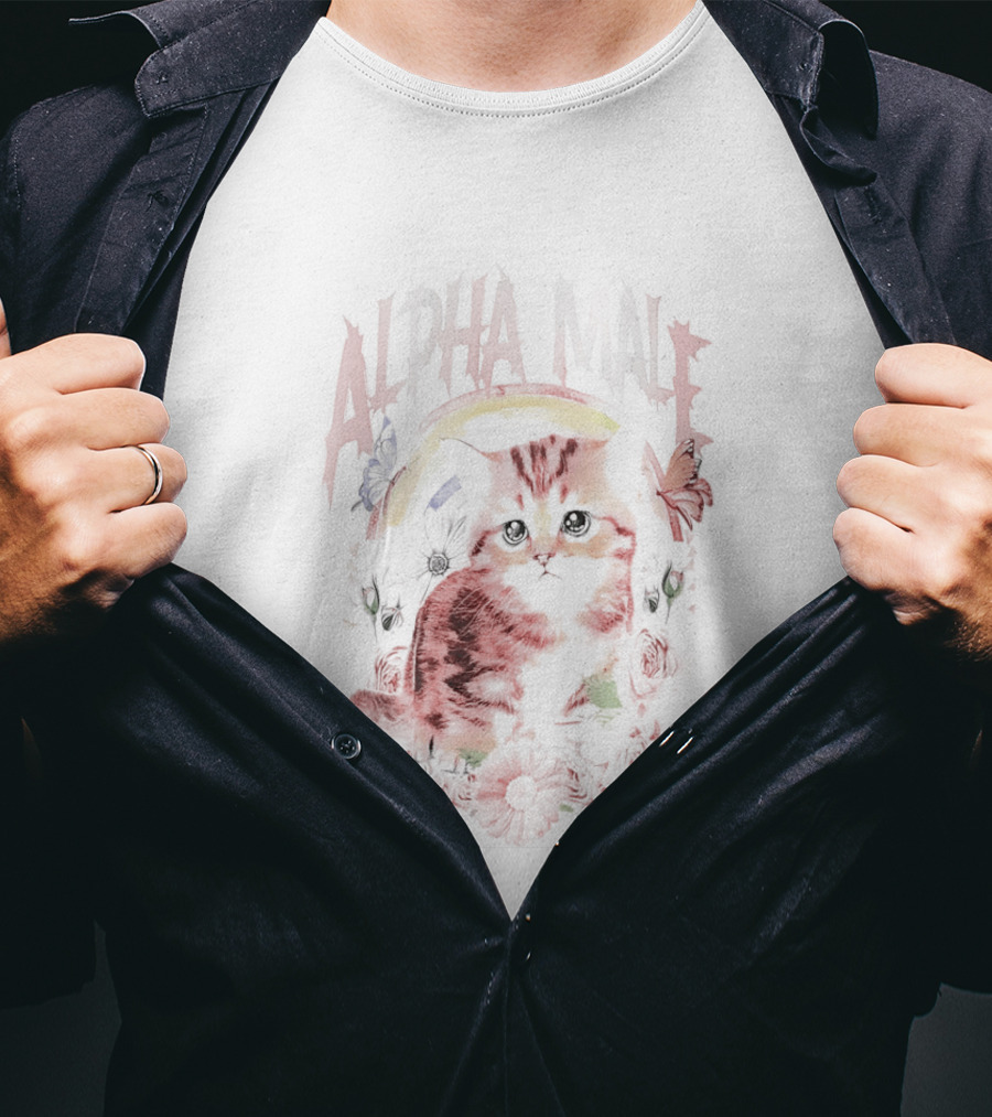 Alpha Male Cat With Floral And Butterfly T-Shirt