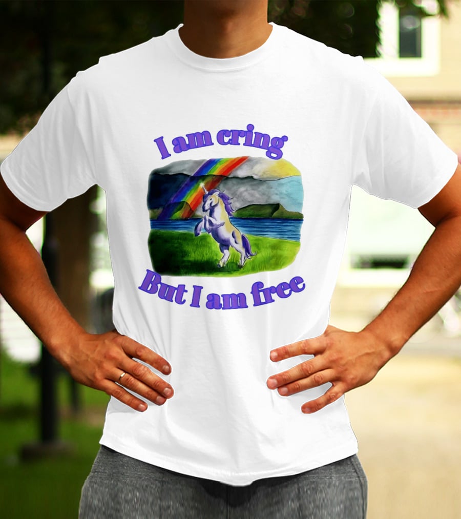 Unicorn I Am Cringe But I Am Free Rainbow Meadow T-Shirt