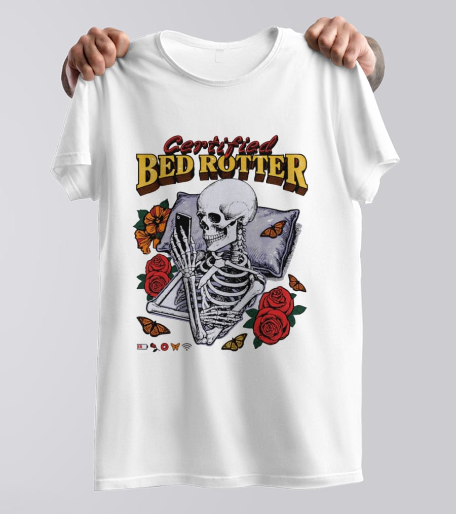 Certified Bed Rotter Skeleton Smartphone Butterfly Rose T-Shirt