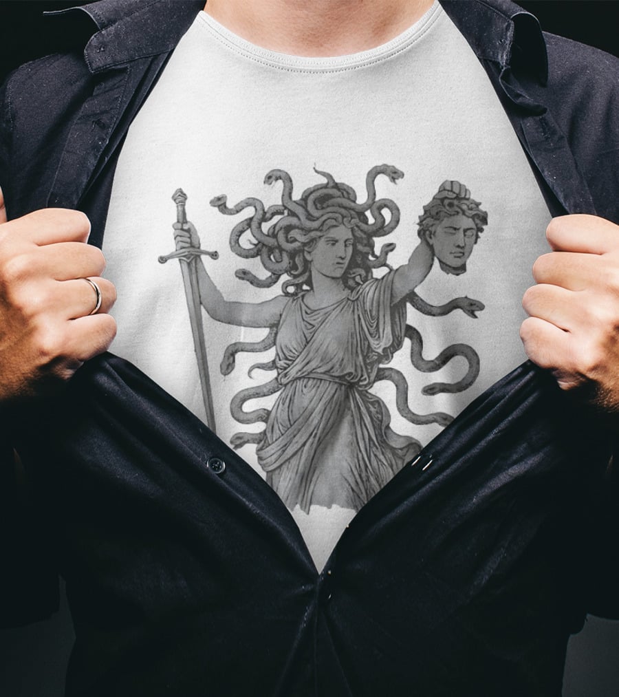 Medusa Holding Sword And Michael Head With Serpent Hair T-Shirt