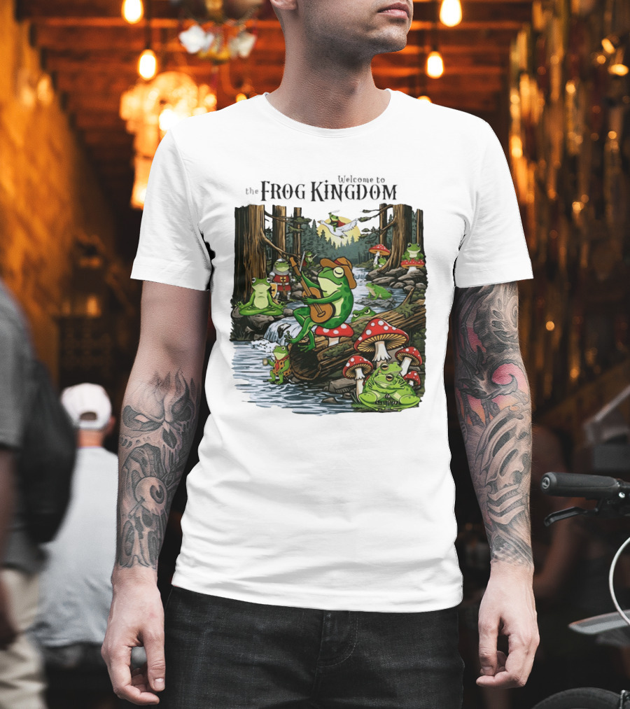 Frog Playing Guitar Forest Gathering Welcome To The Frog Kingdom T-Shirt