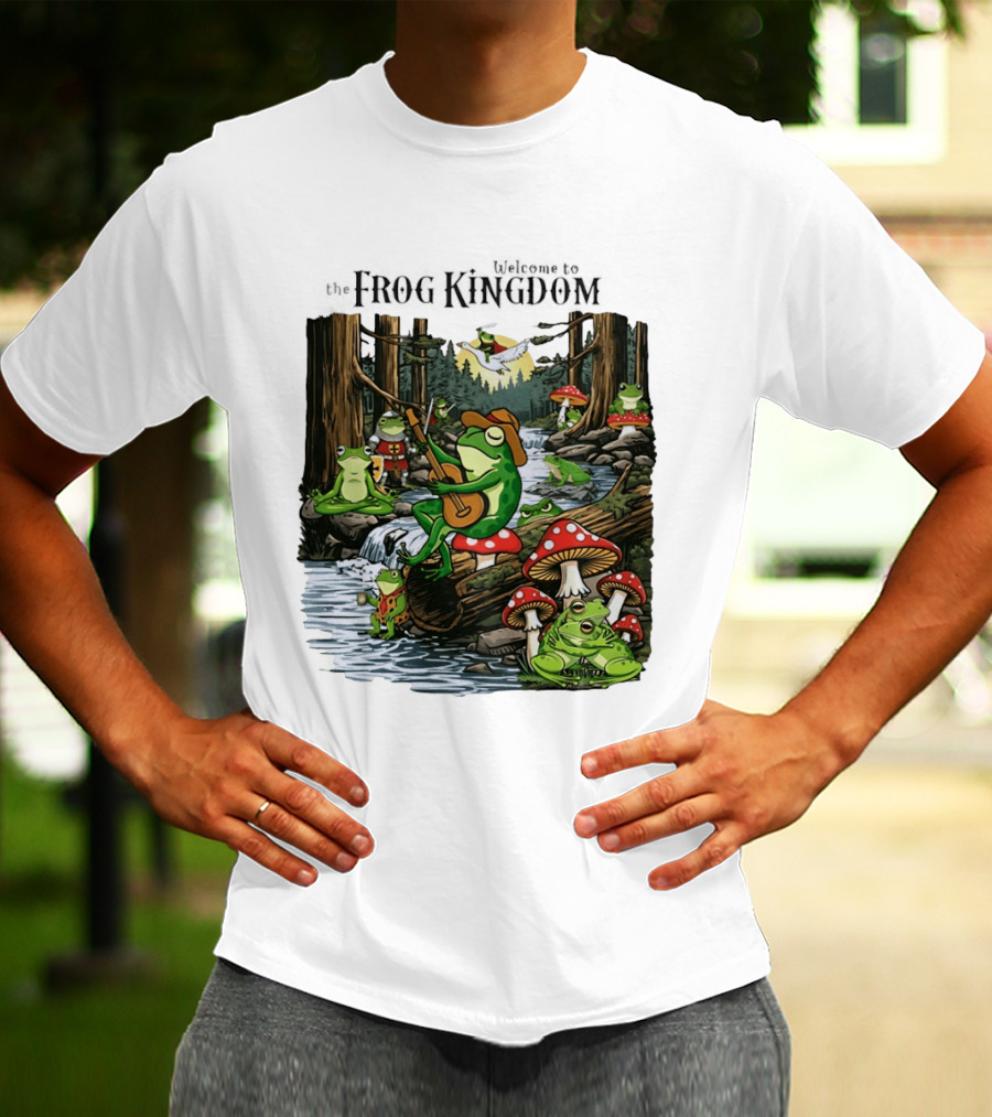 Frog Playing Guitar Forest Gathering Welcome To The Frog Kingdom T-Shirt