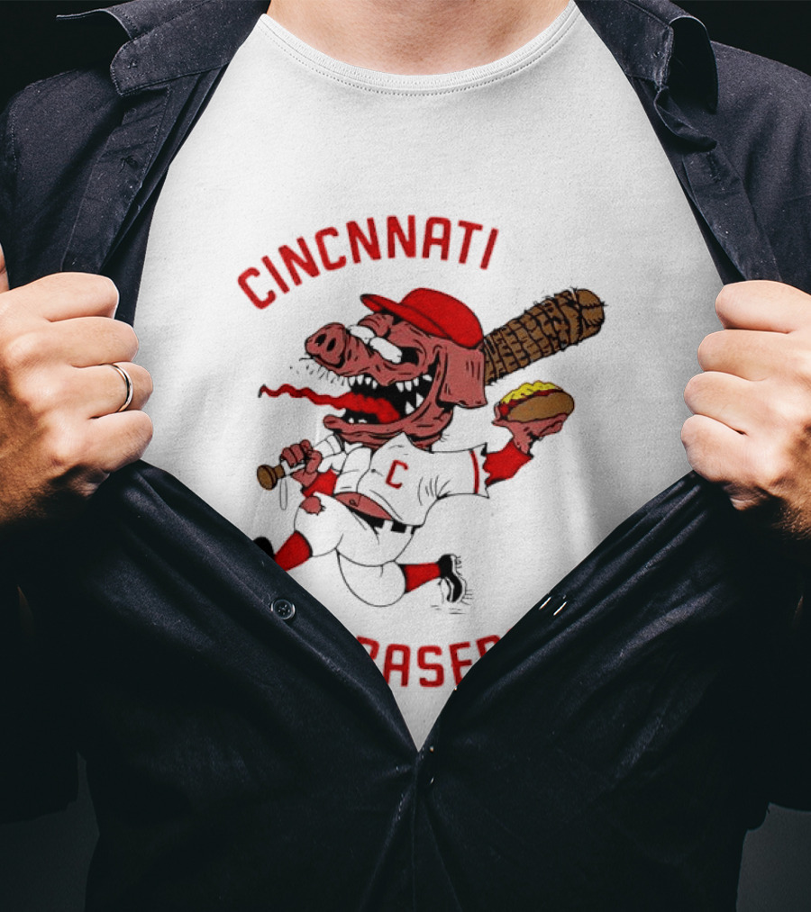 Cincinnati Baseball Pig Holding Hot Dog Bat T-Shirt