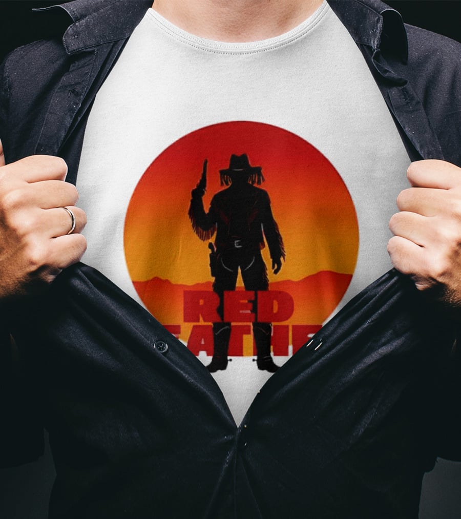 Red Leather Cowboy Sunset Silhouette With Gun And Hat In Desert T-Shirt