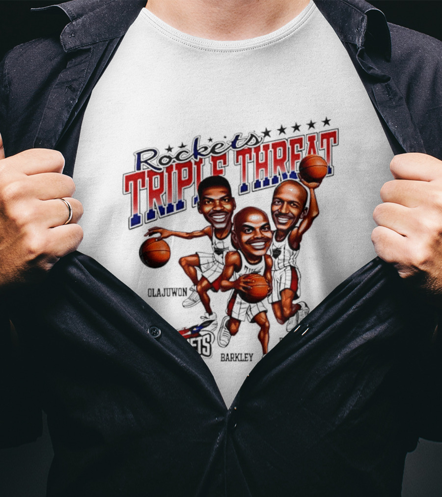 Hakeem Olajuwon Charles Barkley Clyde Drexler Rockets Triple Threat NBA Legends T-Shirt