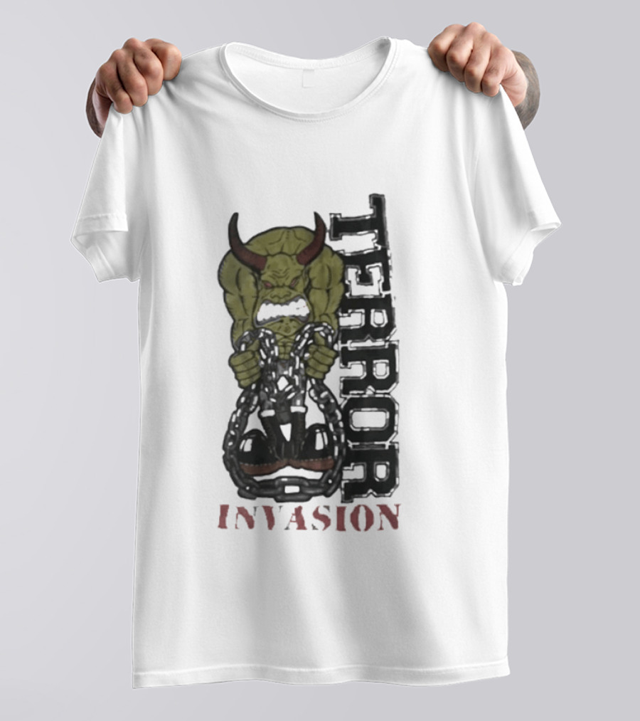 Terror Invasion Demon Holding Chains Warrior Monster T-Shirt