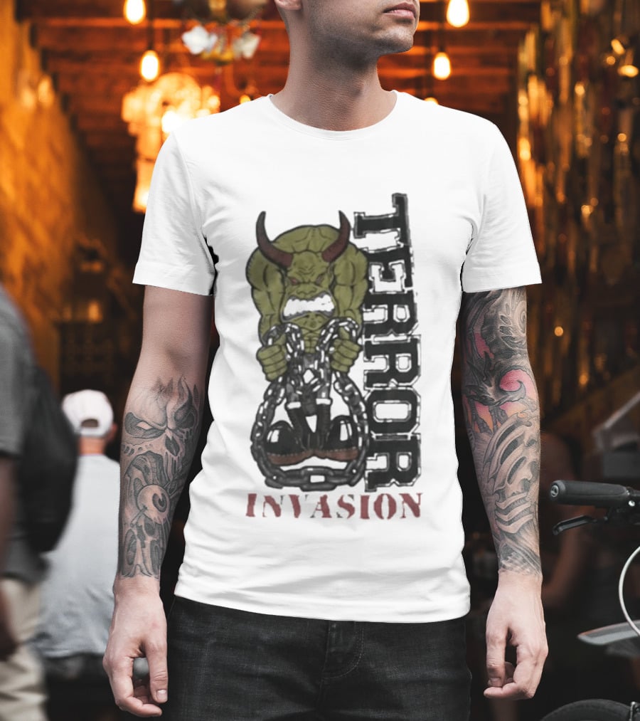 Terror Invasion Demon Holding Chains Warrior Monster T-Shirt