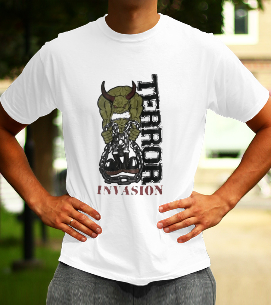 Terror Invasion Demon Holding Chains Warrior Monster T-Shirt