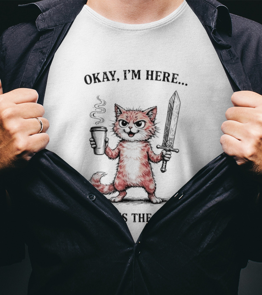Okay I'm Here Where's The Work Cat Coffee Sword Meme T-Shirt