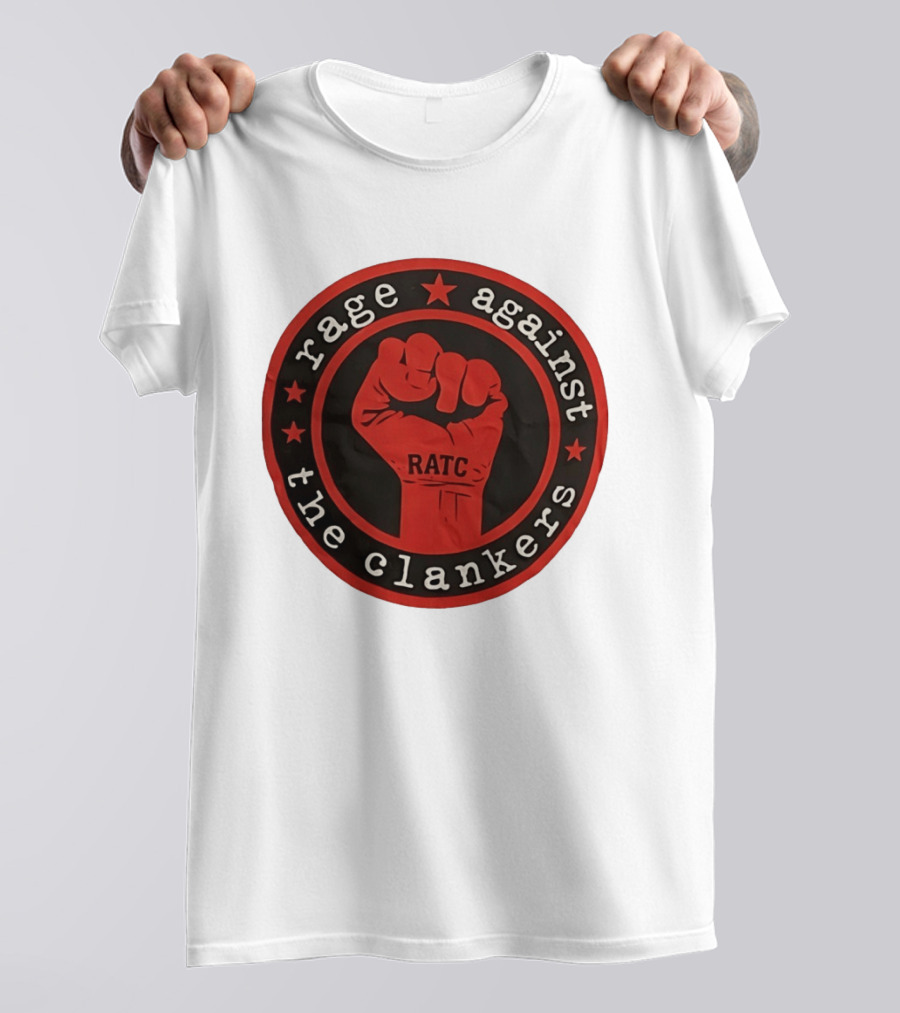 Rage Against The Clankers RATC Fist Emblem With Stars T-Shirt