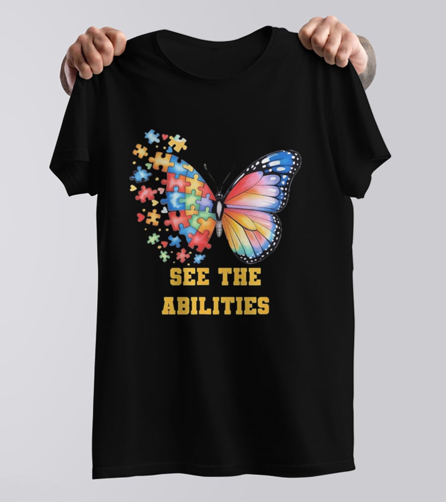 Butterfly Puzzle Pieces Autism Awareness See The Abilities T-Shirt