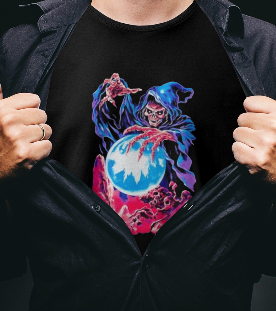 Grim Reaper Crystal Ball Skull Mystical Skeleton Hooded Cloak T-Shirt